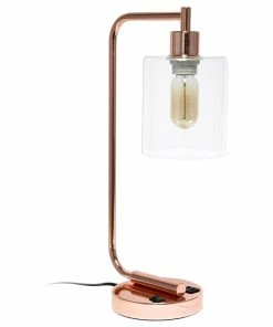 Hot Sale 😉 Lalia Home Modern Iron Desk Lamp With USB Port And Glass Shade - Rose Gold ⭐