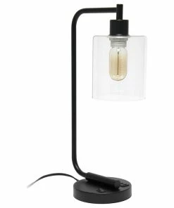 Hot Sale 🌟 Lalia Home Modern Iron Desk Lamp With USB Port And Glass Shade - Black 🎉