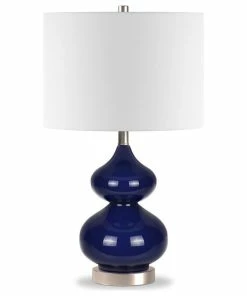 New ❤️ Hudson&Canal Katrin 23.5 Tall Table Lamp With Fabric Shade In Navy Blue Glass/Satin... 🎉