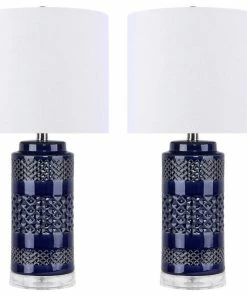 Cheapest 😍 LumiSource 21" Navy Ceramic Table Lamp With Cylindrical Base & White Linen Shade, Set Of 2 🛒