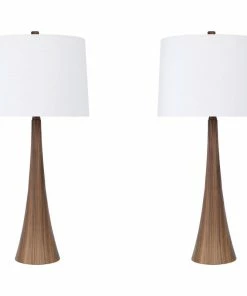 New โค๏ธ LumiSource 29.5" Dark Faux Wood Table Lamps, Off-White Linen Shade, , Set Of 2 ๐